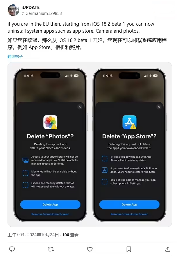 扶沟苹果手机维修分享iOS 18.2 支持删除 App Store 应用商店 