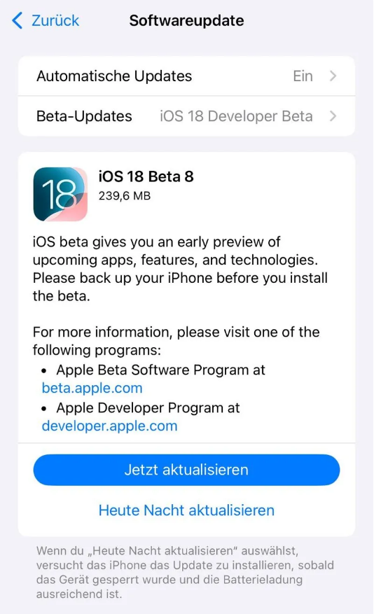 扶沟苹果手机维修分享苹果 iOS / iPadOS 18 开发者预览版 Beta 8 发布 